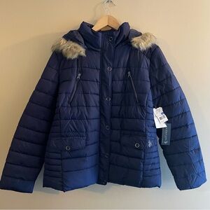 US POLO ASSN Women Puffer Jacket Size XL Coat Navy Blue Faux Fur Hood NWT #516